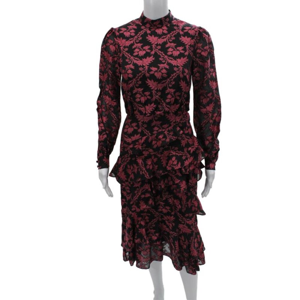 Saloni Women Fit & Flare Midi Dress Black Long Sleeve High Neck Zip Size 0
